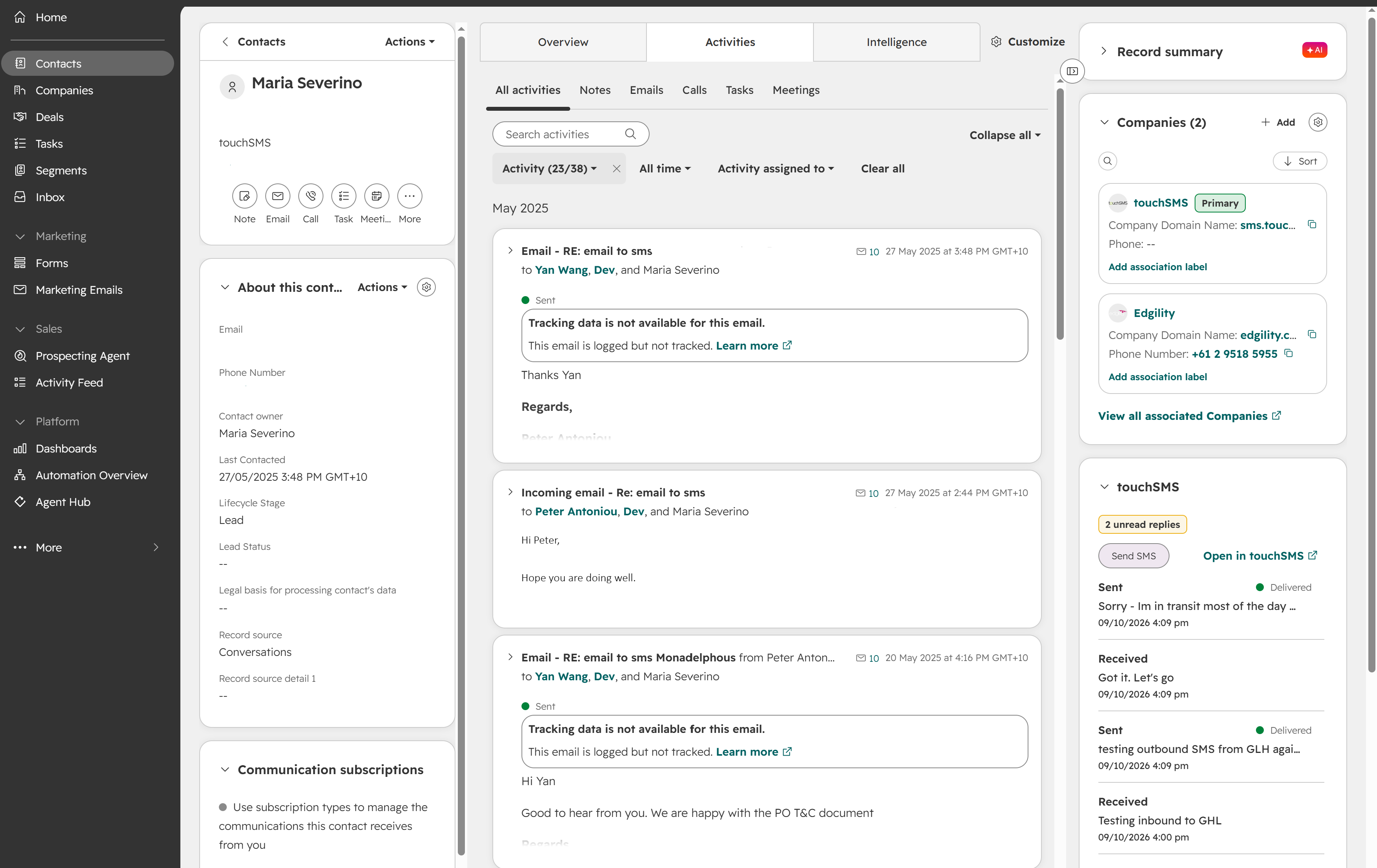 touchSMS i HubSpot-kontakter