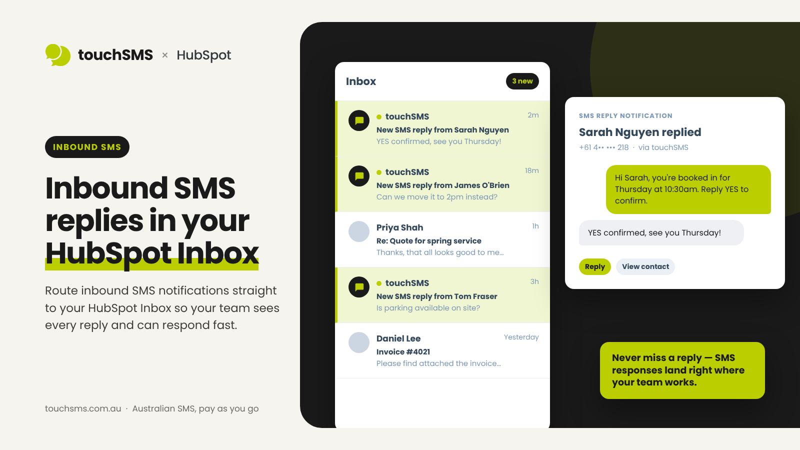 HubSpot-indbakken viser notifikationer om indgående SMS-svar fra touchSMS