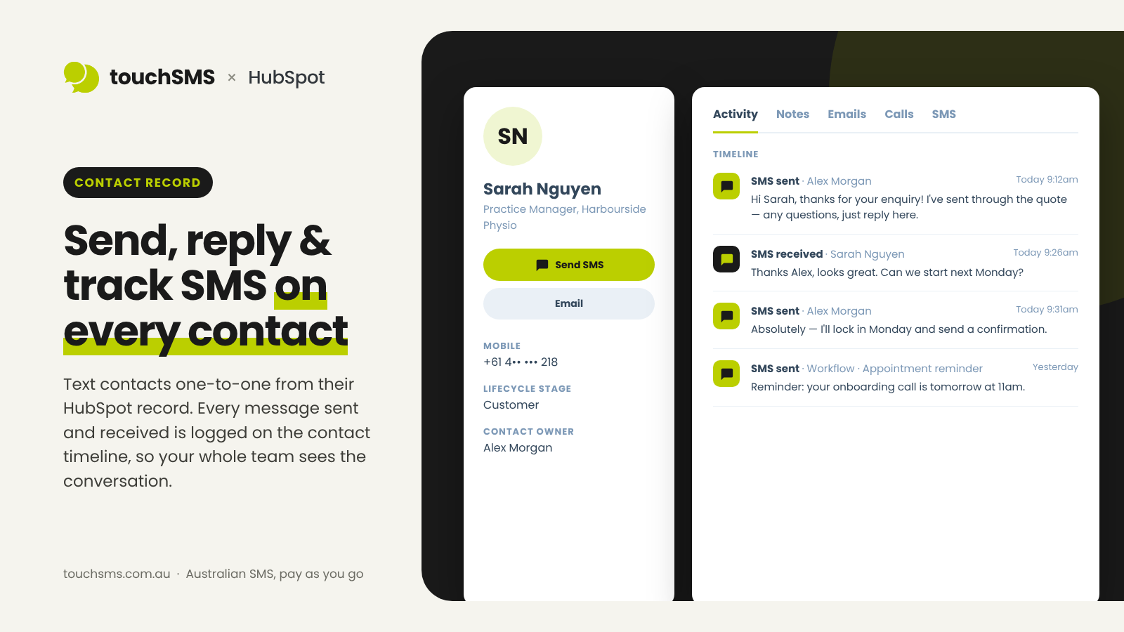 HubSpot-kontaktoplysning, hvor sendte og modtagne SMS-beskeder er registreret på kontaktens tidslinje